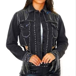 Denim / Black Jean Jacket with Rhinestone